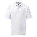 A white men's polo shirt with a collar, featuring a logo on the neckline. Suitable for casual or performance wear.
