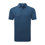 A men's short-sleeve polo shirt in a deep blue colour with a subtle stripe pattern and a branded logo.