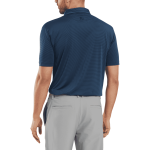 A men's navy polo shirt with short sleeves and a collar, featuring a logo on the back.