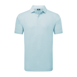 A light blue men's polo shirt with a striped design and a collar, featuring a logo at the neckline.