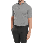 A men's grey polo shirt made from stretch pique lisle fabric, featuring a logo on the collar.