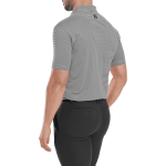 A men's short-sleeve polo shirt in light grey, featuring a logo on the back and paired with black trousers.