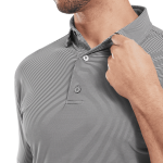 A men's polo shirt in grey with micro feeder stripes, featuring a collar and two buttons. It has a branding logo.