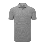 A men's grey polo shirt with a striped pattern and a collar, featuring a logo on the chest.