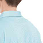 A light blue men's polo shirt with a striped pattern and a small logo on the back collar.