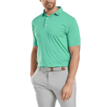 A men's polo shirt in bright green, featuring a collar and short sleeves, paired with grey trousers, includes a logo.
