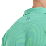 A green men's polo shirt featuring micro feeder stripe patterns and a logo on the collar.