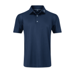 A navy blue men's polo shirt with a collared neck and a logo on the shoulder.