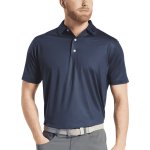 A men's polo shirt in navy blue with a collar, buttons, and a fitted design, featuring a logo.