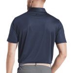 A navy men's polo shirt with a tonal dot print and a branded logo on the back collar.