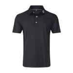A black polo shirt with a three-button placket and a collar, featuring a branding logo on the neckline.