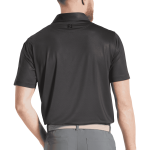 A men's black polo shirt with a tonal dot print and a logo on the back.