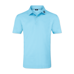 A light blue polo shirt with a collar and a logo on the neck. Features tonal dot print design.