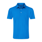 A men's short-sleeve polo shirt in bright blue with a collar and a logo on the chest.