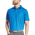 A men's blue polo shirt featuring a tonal dot print and a logo on the collar.