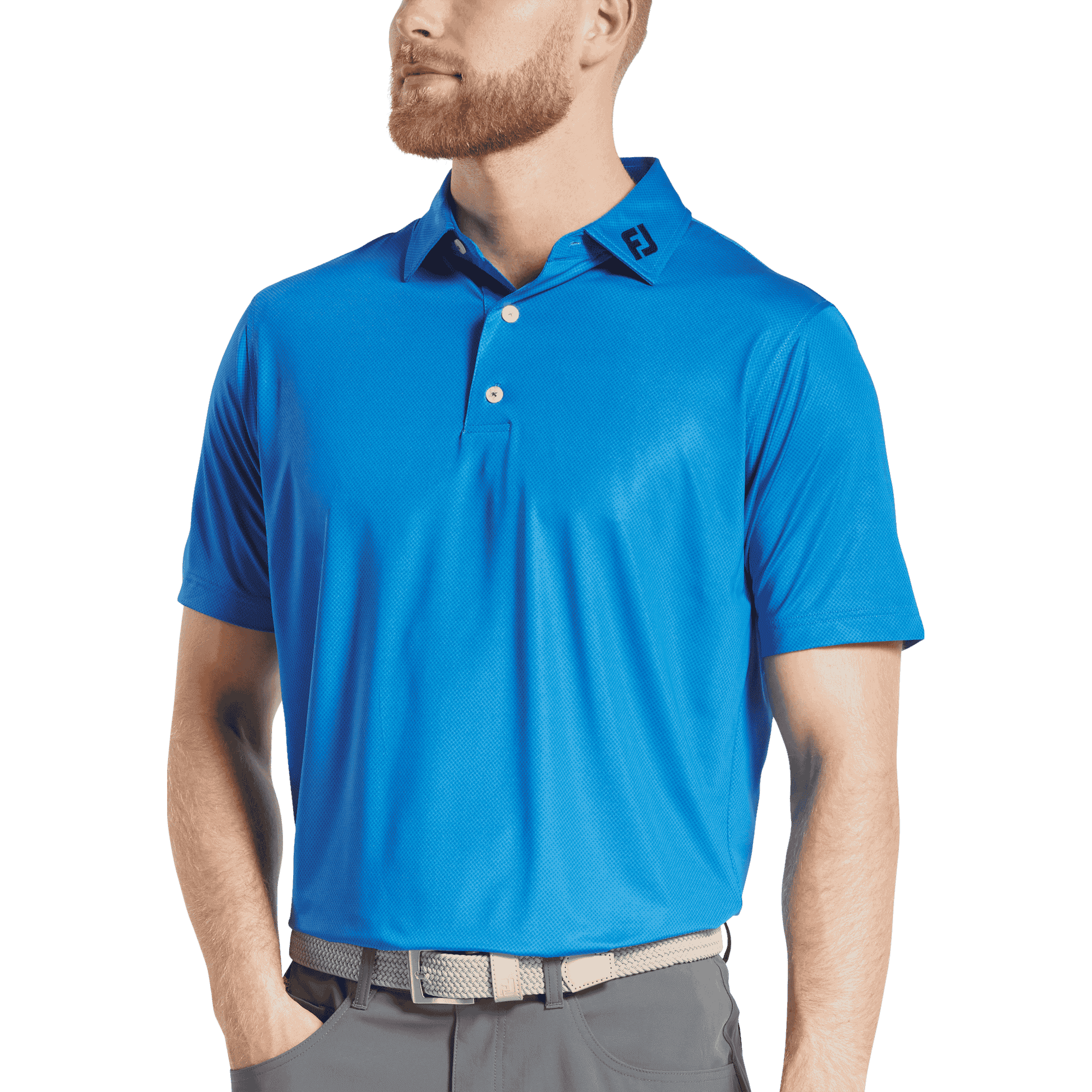 A men's blue polo shirt featuring a tonal dot print and a logo on the collar. A men's blue polo shirt featuring a tonal dot print and a logo on the collar.