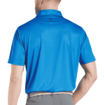 A blue men's polo shirt with a collar and a logo on the back. Features a smooth fabric design.
