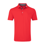 A red polo shirt with gingham trim on the collar and a logo on the neckline.
