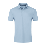 A light blue men's polo shirt with gingham trim and a logo on the collar.