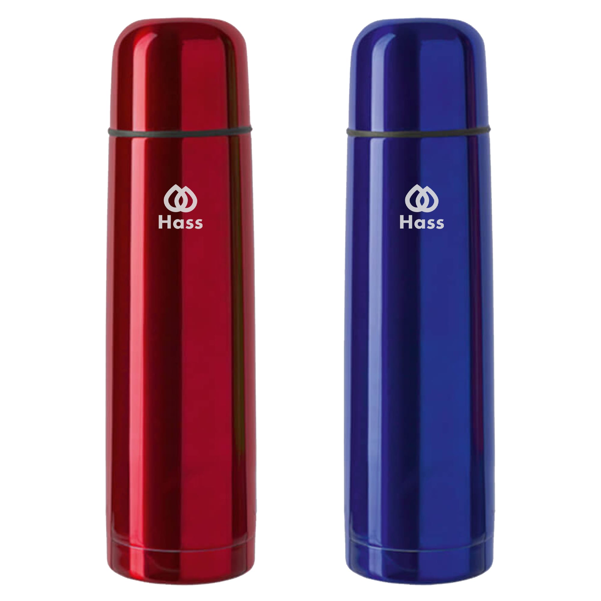 A drink bottle duo featuring a glossy red and a glossy blue finish, both with a logo. Bullet Flask - Image 1