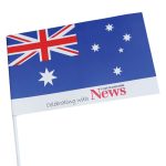 A handwaver flag featuring the Australian flag design with a logo and text at the bottom.