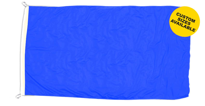 A blue polyester flag measuring 2500mm x 1250mm, featuring a logo in one corner. 110 GSM Polyester Flag 2500mm x 1250 mm - Image 1