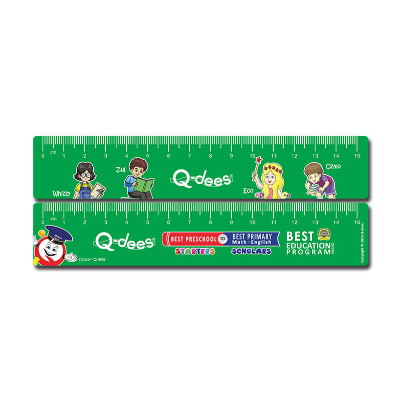 A green Flexi Ruler featuring cartoon characters along its length and a logo. Flexi Ruler 160 x 40mm - Image 1
