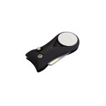 A black flick fork pitch repairer with a 25mm ball marker attached, featuring a sleek design.