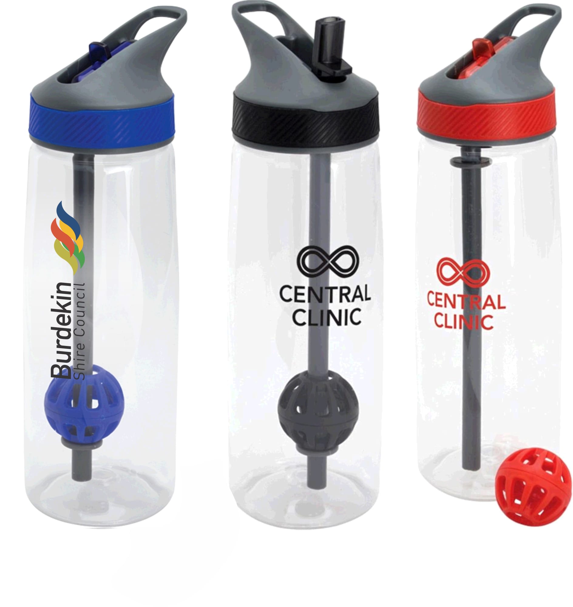 A drink bottle with a grey lid and straw, featuring blue, red, and clear designs, with logos on the side. Florida Water Bottle - Image 1