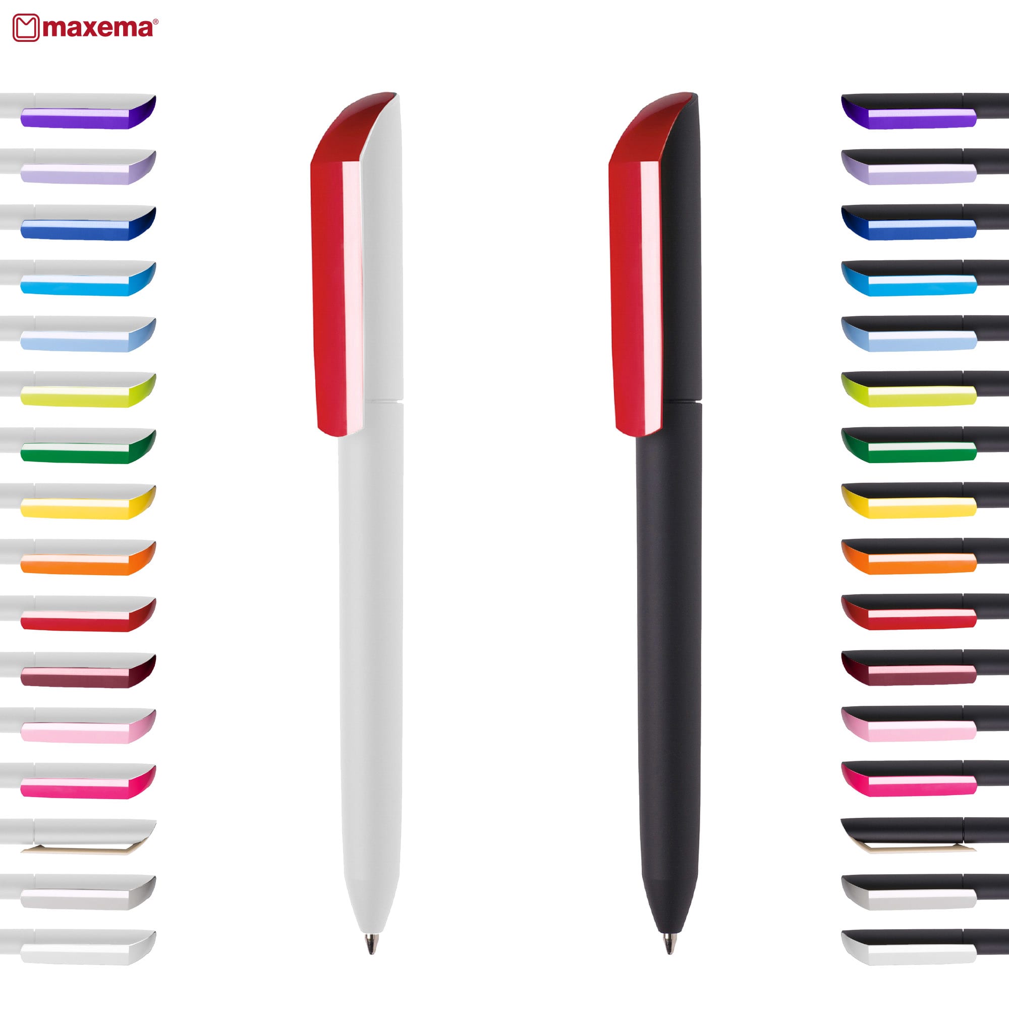 A collection of colourful plastic pens displayed in various shades, featuring a prominent white and black pen with red accents. Flow F2 P-GOM - Image 1