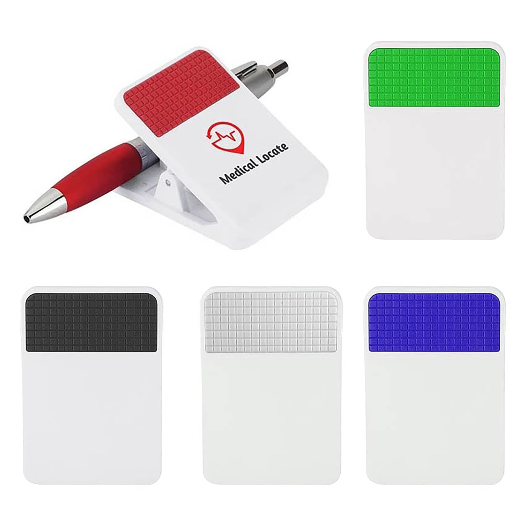 A white fridge magnet clip with a textured coloured section at the top, available in green, black, and blue. Includes a pen. Fridge Magnet Clip - Image 1