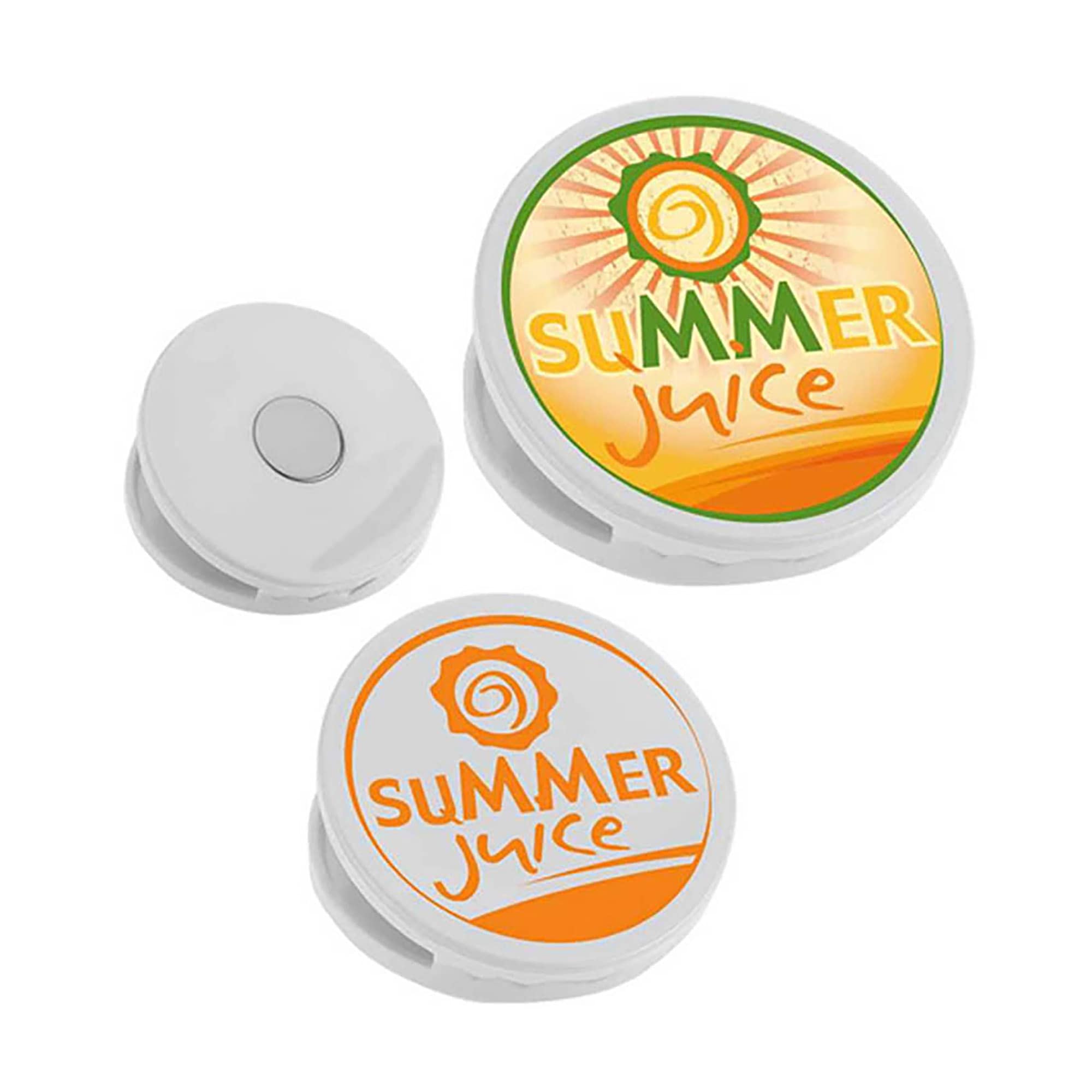 A round fridge magnet clip in white with vibrant summer juice designs in orange and yellow. Fridge Magnet Clip Round - Image 1