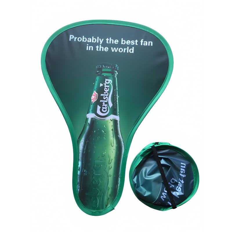 A foldable event fan in green featuring a bottle design and a compact carrying pouch. Foldable Event Fan - Image 1