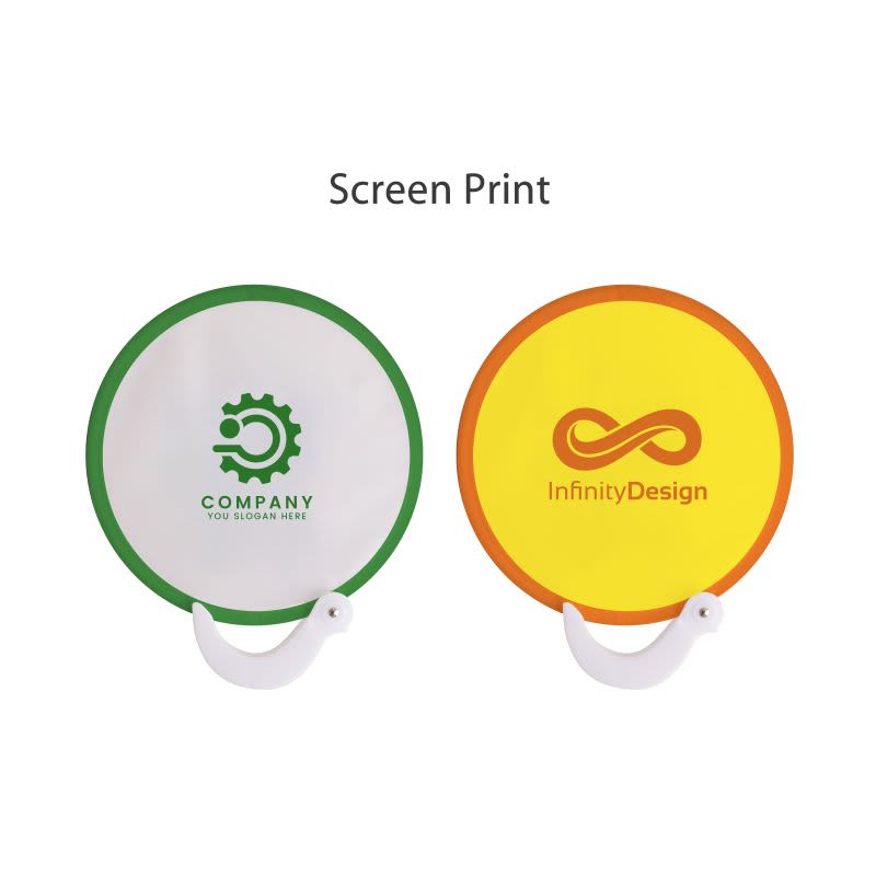 A foldable fan with a white and green design on one side and a yellow and orange design on the other. Features a handle and logo. Foldable Fan with Handle - Image 1