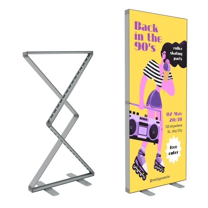 A pop-up light box display featuring a vibrant design with bright yellow, purple, and black colours. It has a supporting frame. Pop Up Light Boxes -Light Box 1000mm x 2000mm - Image 1
