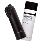 A drink bottle in black with a stainless steel finish and a rounded lid. Features a logo.