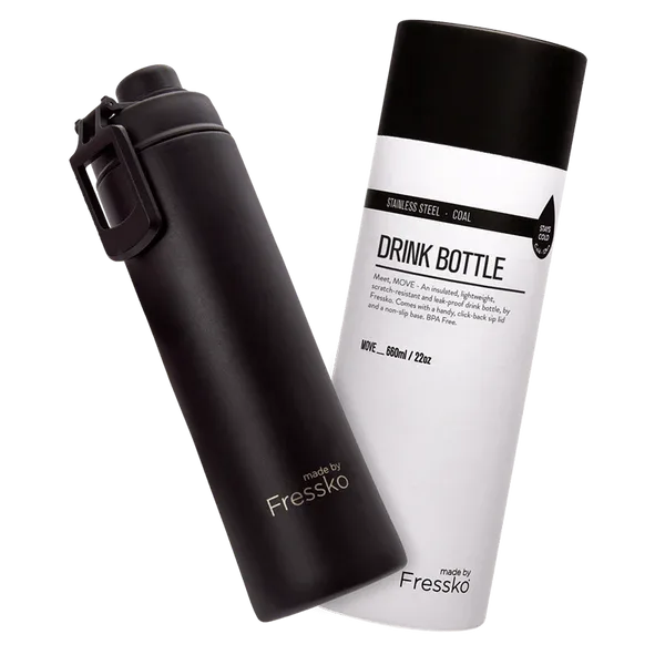 A drink bottle in black with a stainless steel finish and a rounded lid. Features a logo.