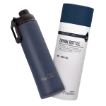 A drink bottle with a dark navy stainless steel body and a black cap, packaged with a cylindrical container.