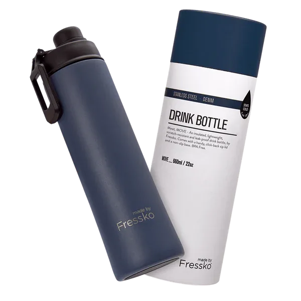 A drink bottle with a dark navy stainless steel body and a black cap, packaged with a cylindrical container.