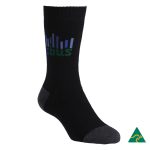 A black sock with a grey heel and toe, featuring a logo on the upper side.