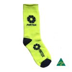 A pair of bright yellow cotton full terry work socks with dark blue accents and a logo.