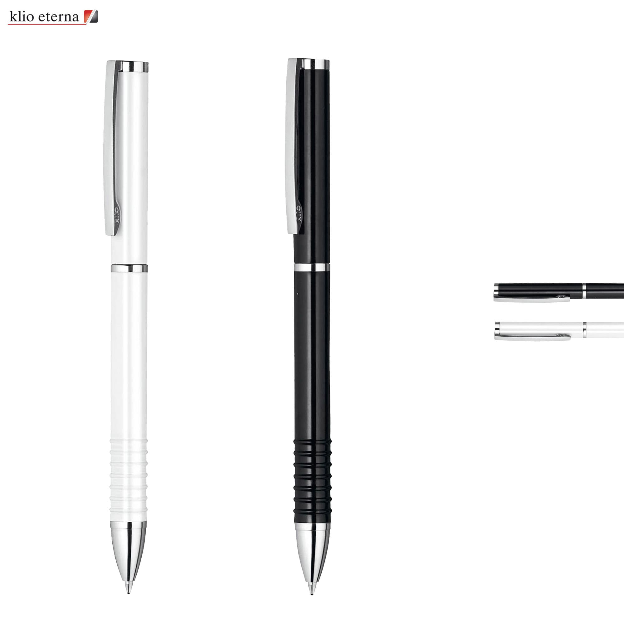 A metal pen set featuring a white pen and a black pen with chrome accents, alongside a close-up of the black pen's grip. Fusion Ball Pen - Image 1