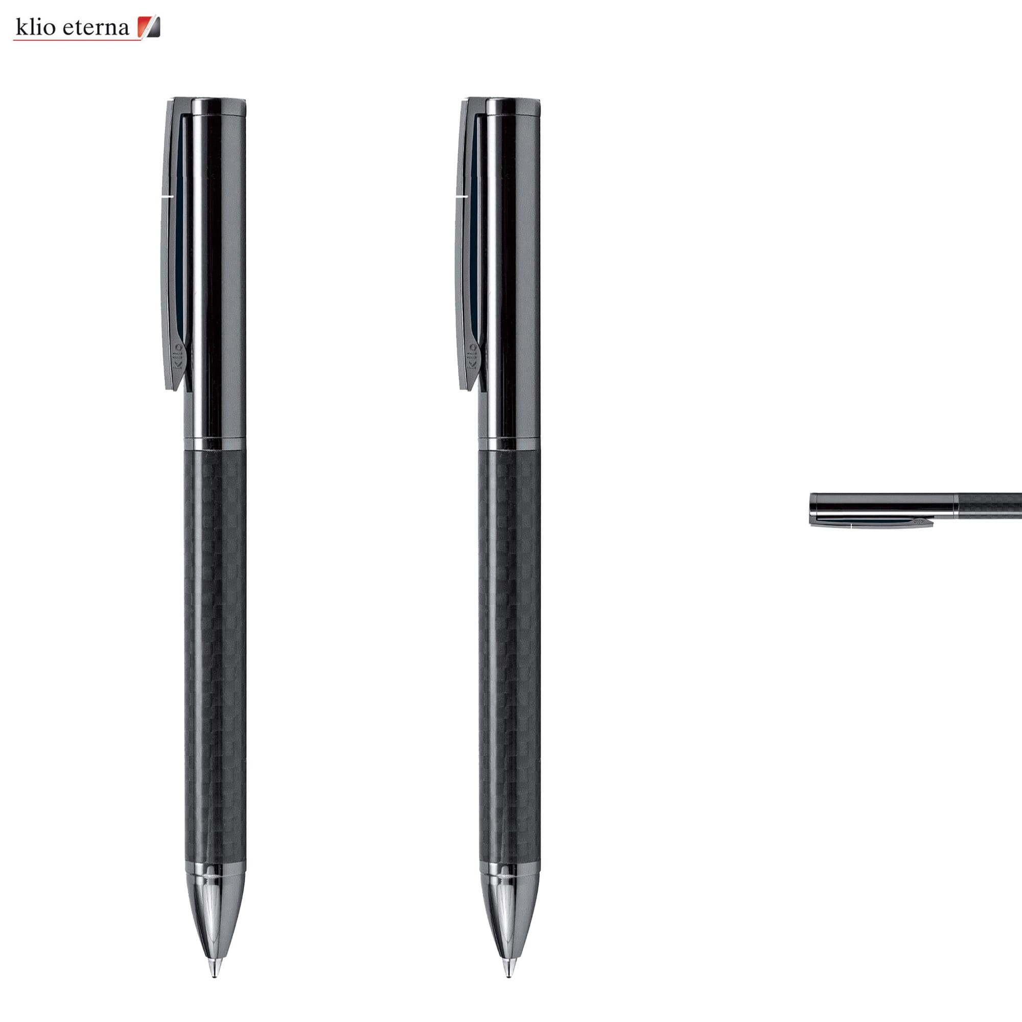 A sleek black metal pen with a carbon fibre grip and a clip, featuring a logo. Fusion Carbon Ball Pen - Image 1