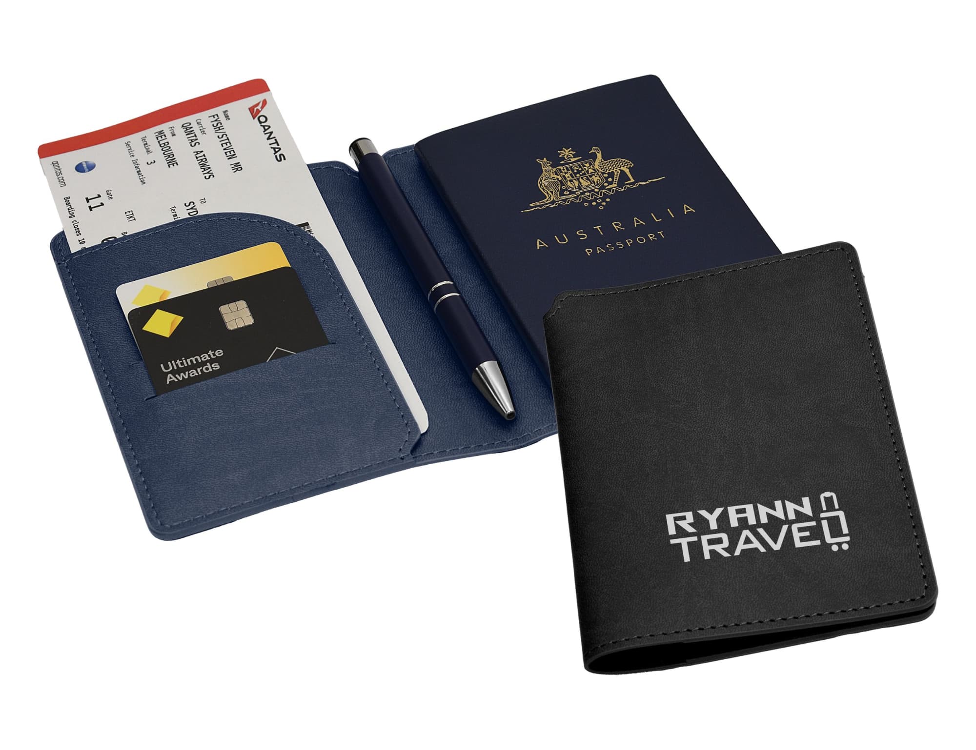 A navy and black passport wallet featuring multiple card slots, a pen, and an Australian passport. It includes branding. Acrobat Passport Wallet - Image 1