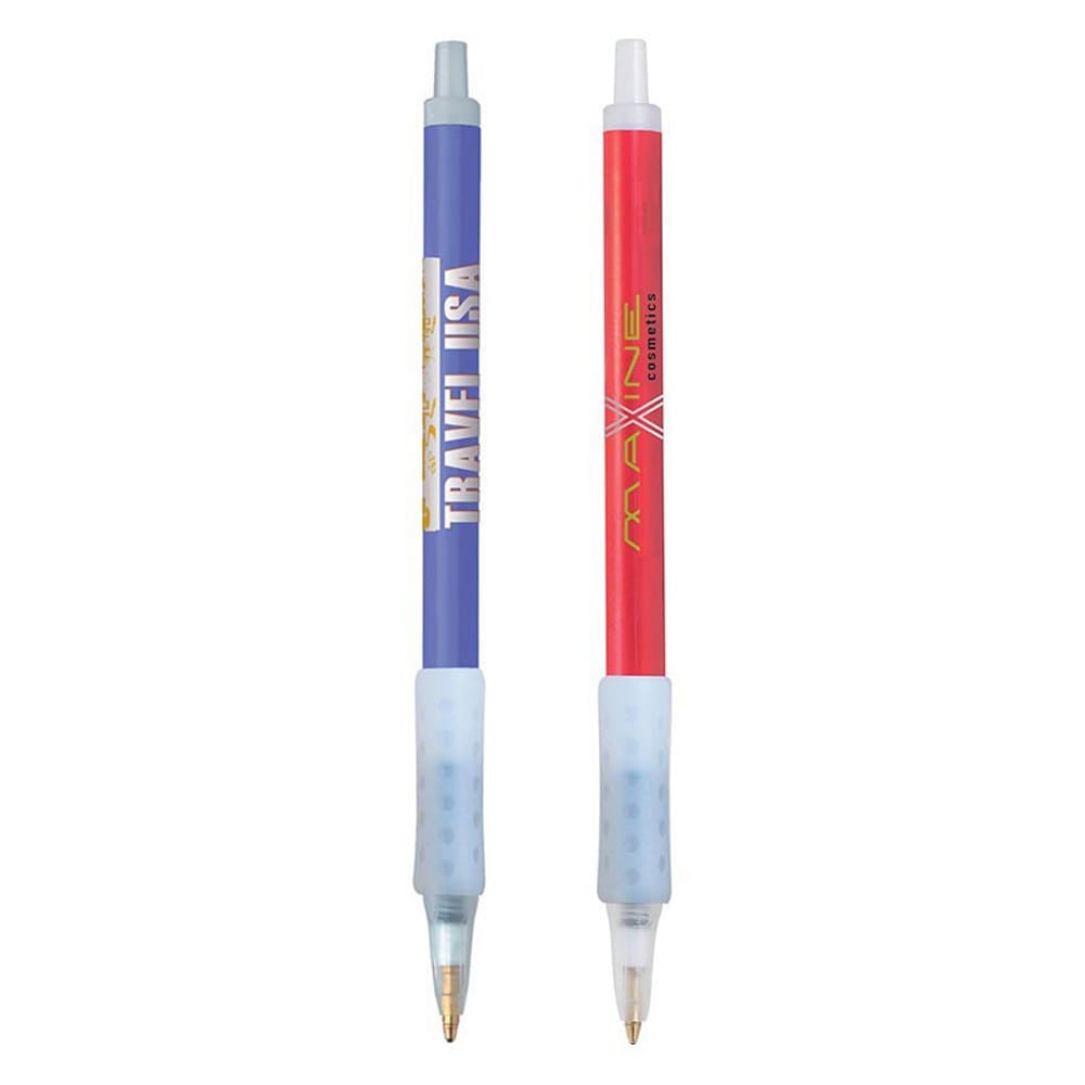 Two plastic pens feature a blue pen with a light blue grip and a red pen with a similar grip. Both have branding. Clic Stic Ice Grip Pen - Image 1