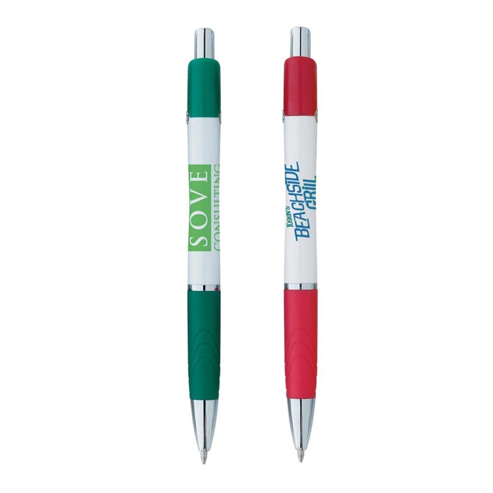 A set of two pens in green and red, featuring a white barrel and logos on each pen. Emblem Custom Pen - Image 1