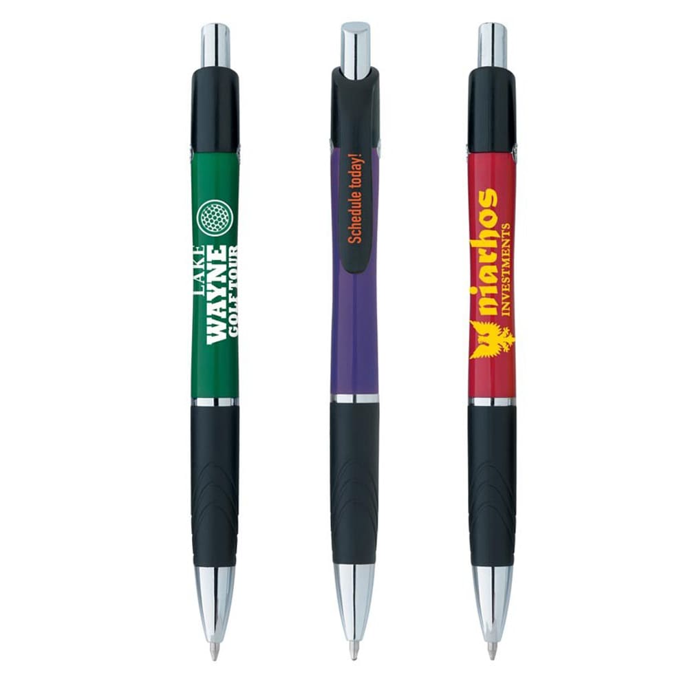 Three pens in green, purple, and red, featuring distinct branding and black grips, arranged horizontally. Emblem Colour Pen - Image 1