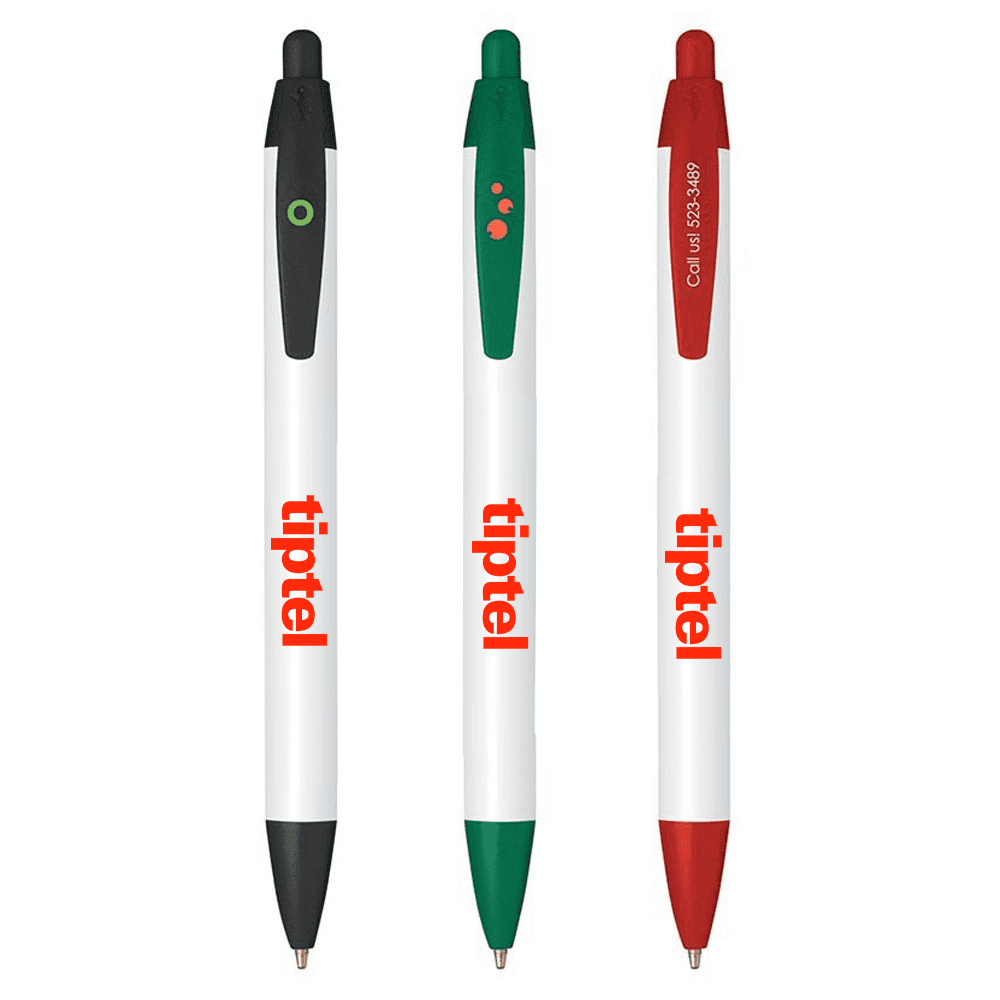 Three plastic pens in black, green, and red with white barrels and a logo. Eco Widebody Pen - Image 1