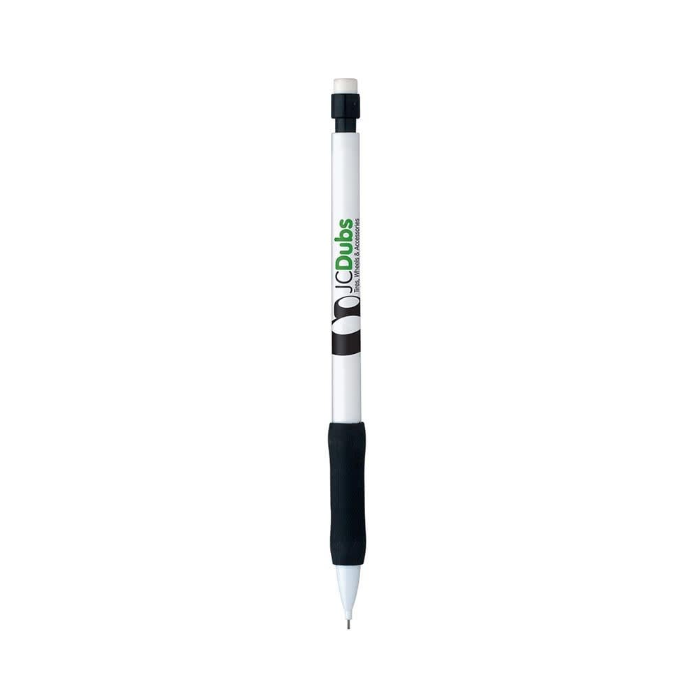 A grey-lead pencil with a white body, black grip, and a logo on it. Matic Grip Pencil - Image 1