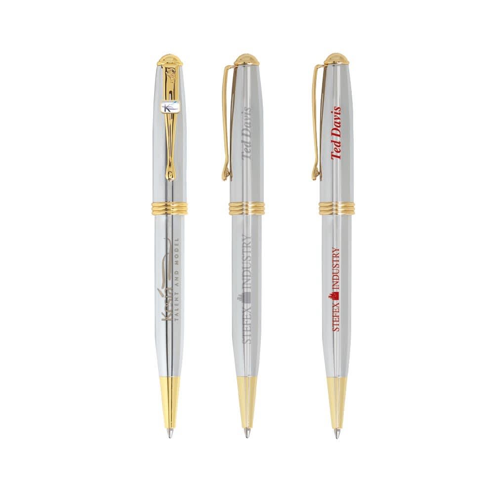 Three metal pens with chrome finishes and gold accents, featuring different logos. Worthington Chrome Pen - Image 1